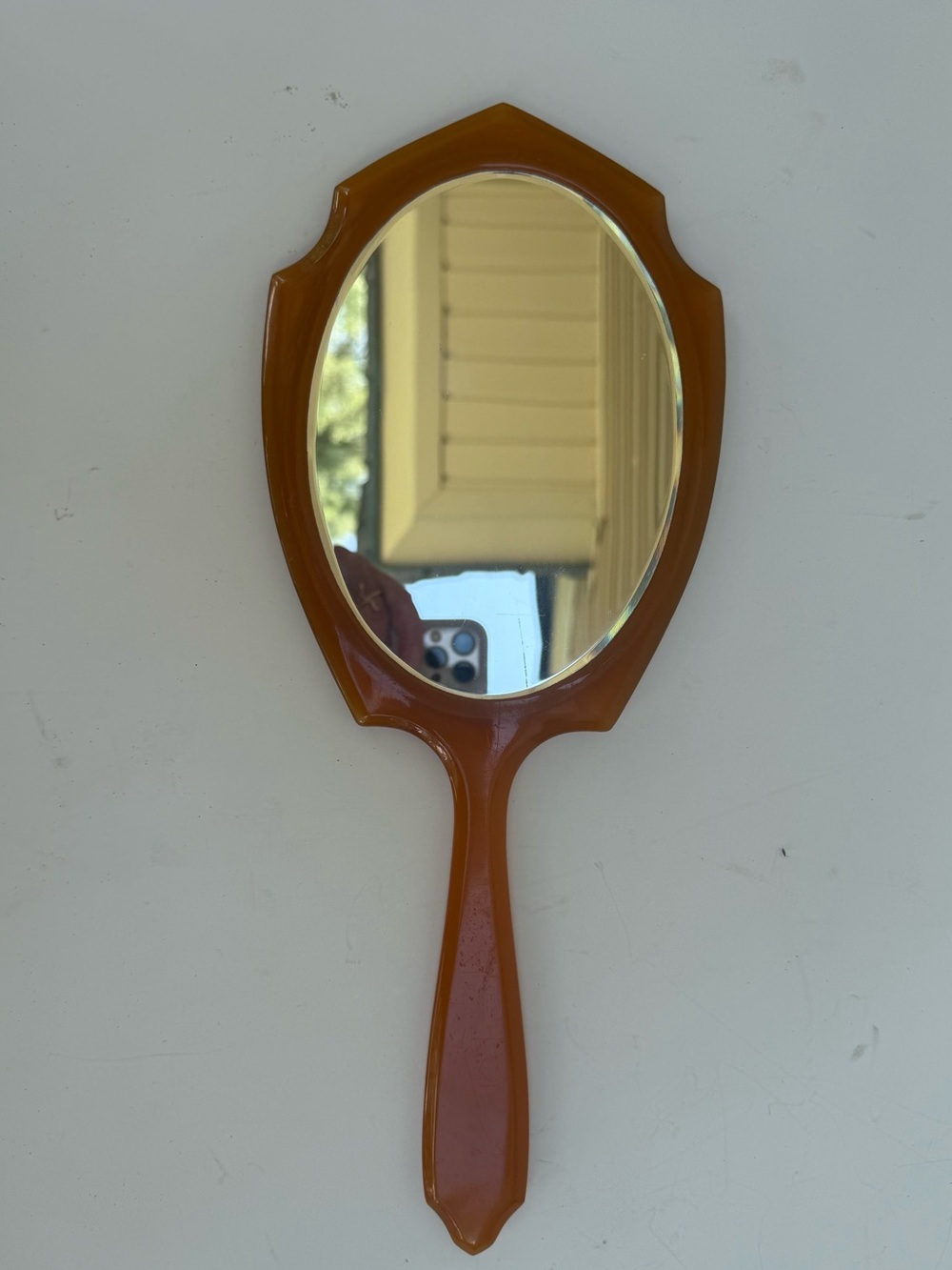 Vtg Art Deco Pearlized Celluloid Bakelite Hand Held Mirror -Beveled Glass READ